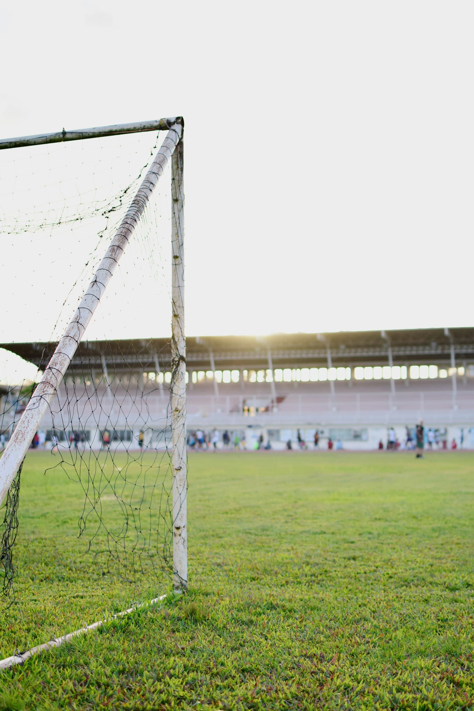 Football goal net on green field