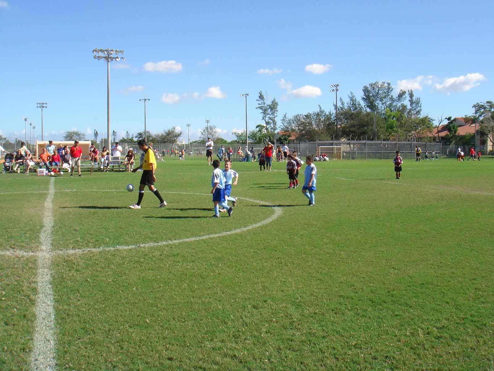 Youth soccer league match in progress