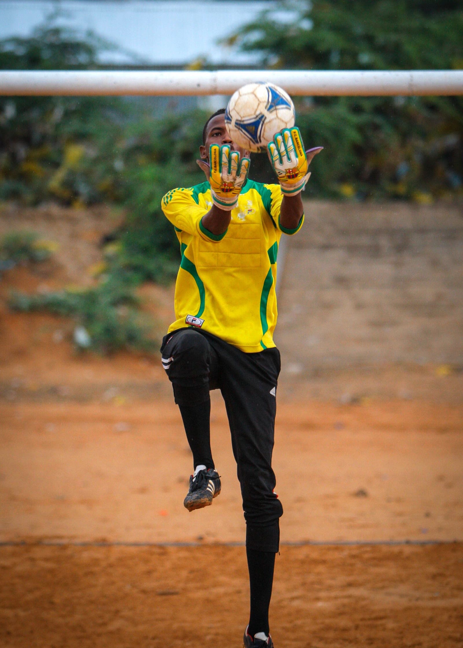 Football training session with young players practising drills